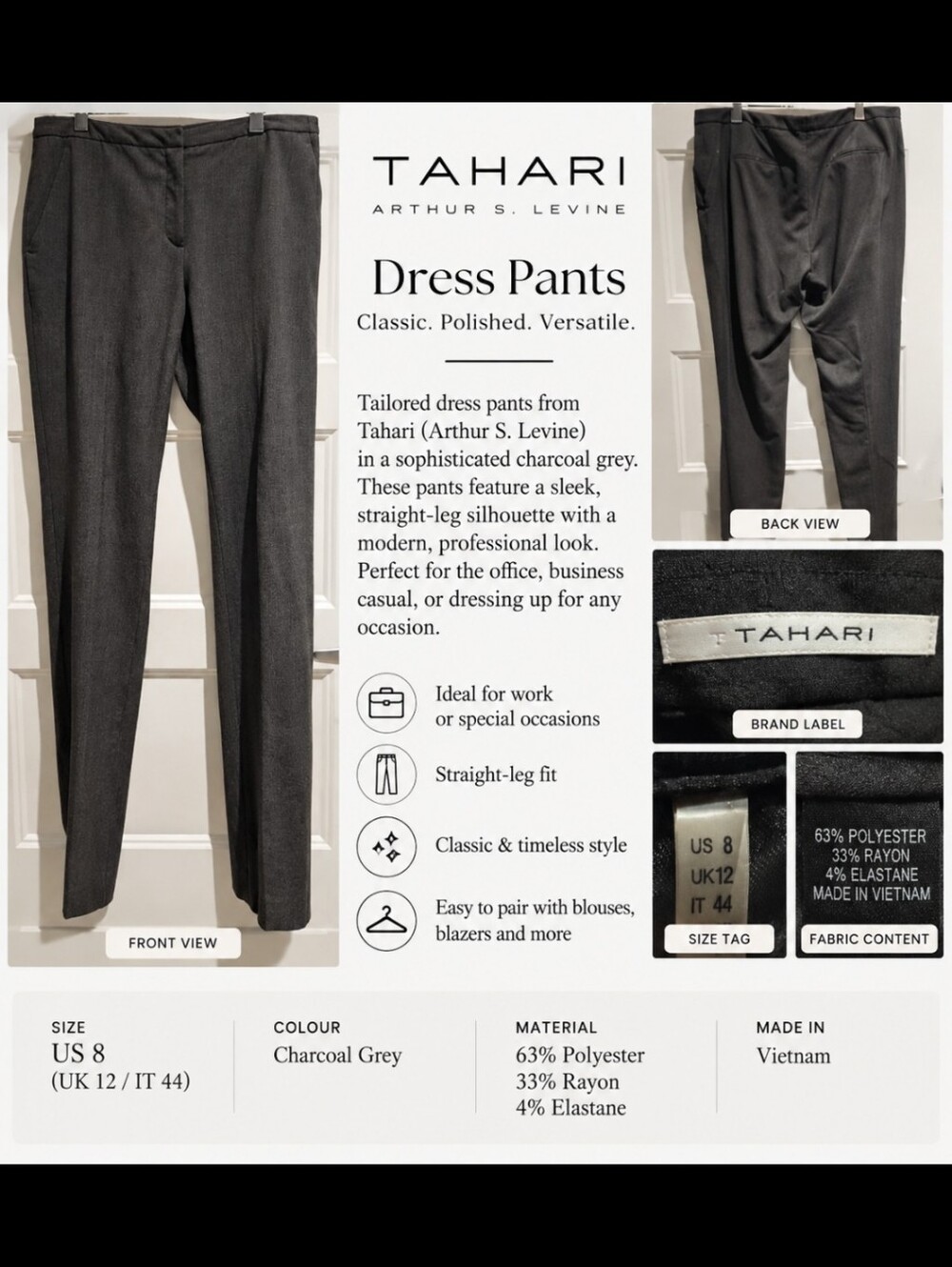 Tahari Charcoal Grey Tailored Dress Pants – Size 8